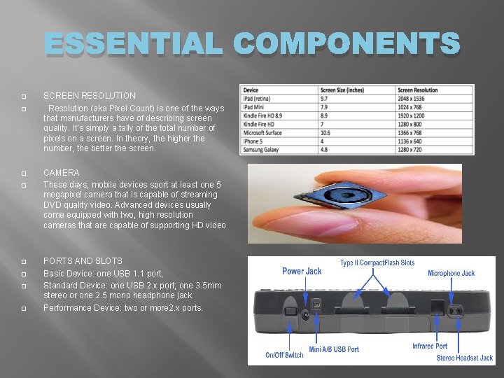 ESSENTIAL COMPONENTS � � � � SCREEN RESOLUTION Resolution (aka Pixel Count) is one