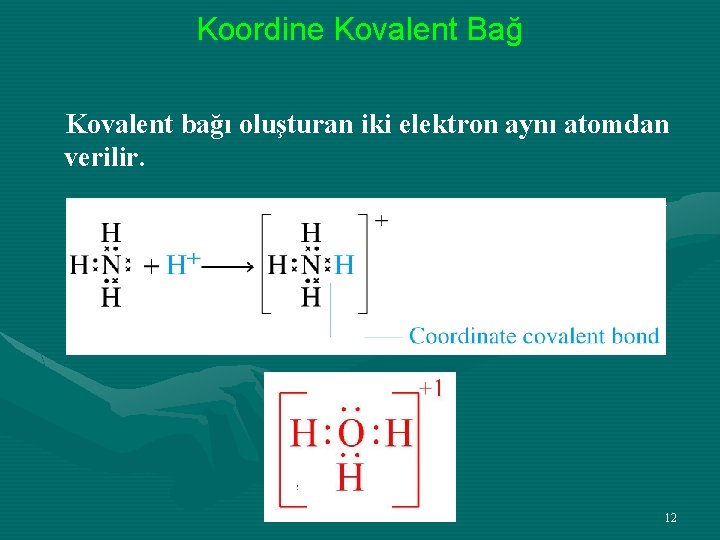 Koordine Kovalent Bağ Kovalent bağı oluşturan iki elektron aynı atomdan verilir. 12 