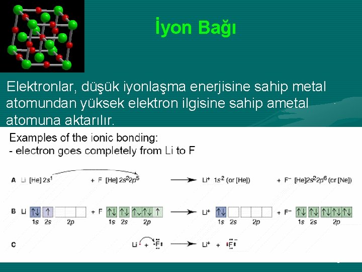 İyon Bağı Elektronlar, düşük iyonlaşma enerjisine sahip metal atomundan yüksek elektron ilgisine sahip ametal