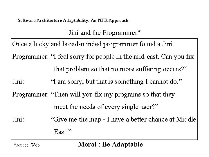 Software Architecture Adaptability: An NFR Approach Jini and the Programmer* Once a lucky and
