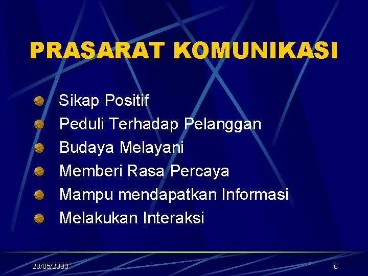 PRASARAT KOMUNIKASI Sikap Positif Peduli Terhadap Pelanggan Budaya Melayani Memberi Rasa Percaya Mampu mendapatkan