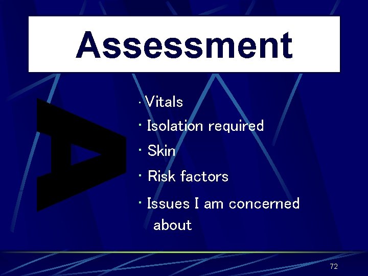 Assessment • Vitals • Isolation required • Skin • Risk factors • Issues I