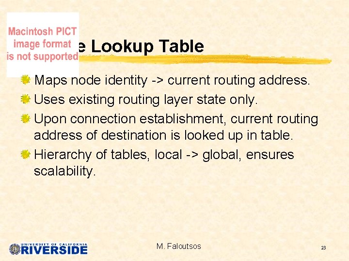 Node Lookup Table Maps node identity -> current routing address. Uses existing routing layer