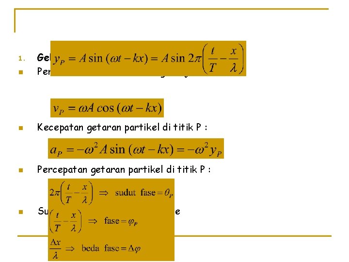 n Gelombang Berjalan Persamaan Umum Gelombang Berjalan : n Kecepatan getaran partikel di titik