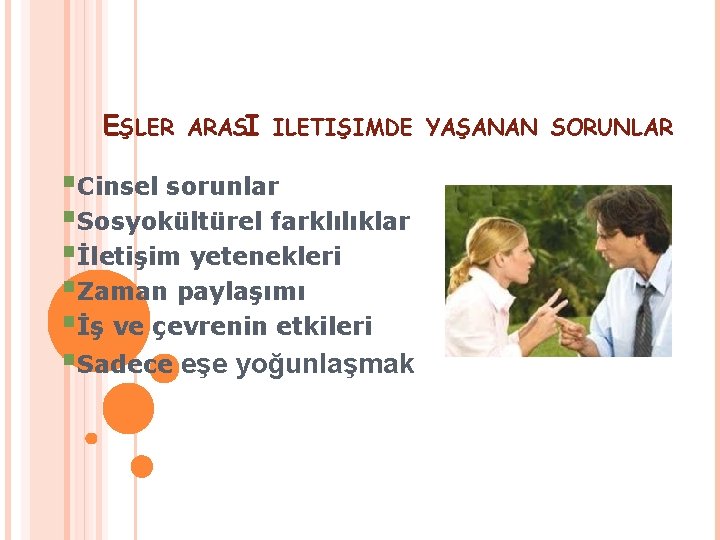 EŞLER ARASI ILETIŞIMDE YAŞANAN SORUNLAR §Cinsel sorunlar §Sosyokültürel farklılıklar §İletişim yetenekleri §Zaman paylaşımı §İş