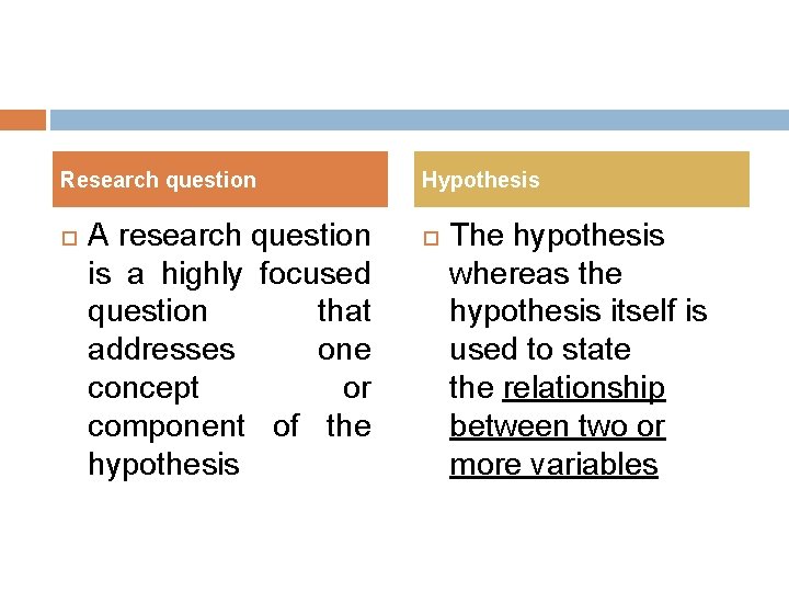 Research question A research question is a highly focused question that addresses one concept