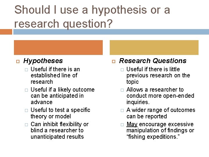 Should I use a hypothesis or a research question? Hypotheses � � Useful if