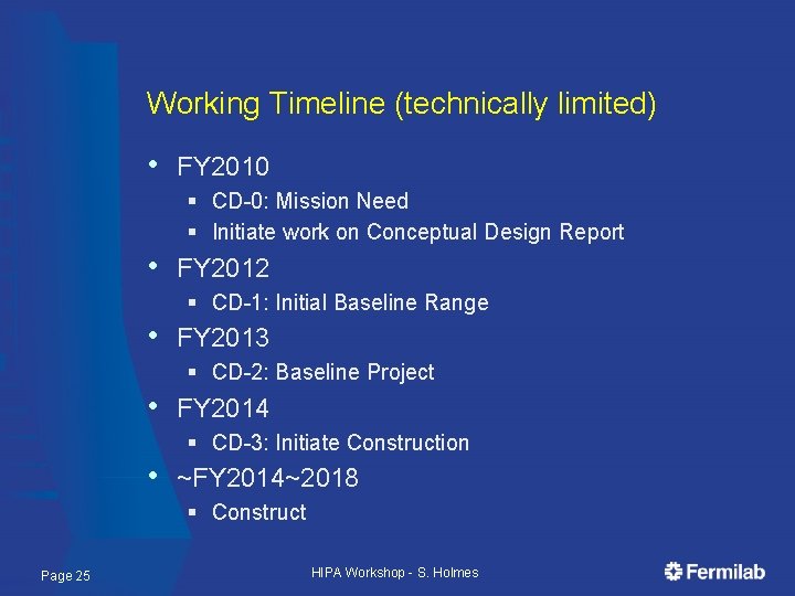 Working Timeline (technically limited) • FY 2010 § CD-0: Mission Need § Initiate work