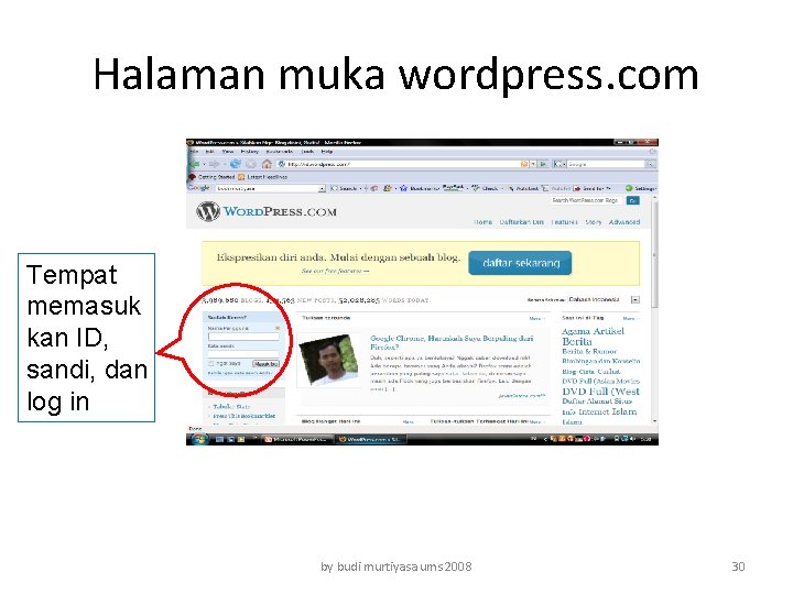 Halaman muka wordpress. com Tempat memasuk kan ID, sandi, dan log in by budi