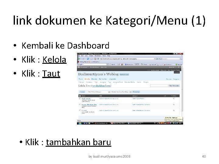 link dokumen ke Kategori/Menu (1) • Kembali ke Dashboard • Klik : Kelola •