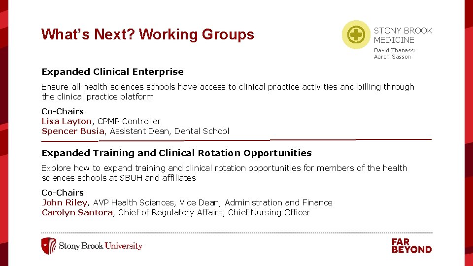 What’s Next? Working Groups STONY BROOK MEDICINE David Thanassi Aaron Sasson Expanded Clinical Enterprise