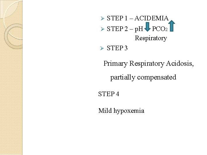  STEP 1 – ACIDEMIA STEP 2 – p. H PCO 2 Respiratory STEP