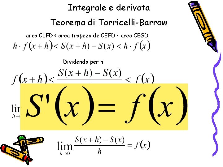 Integrale e derivata Teorema di Torricelli-Barrow area CLFD < area trapezoide CEFD < area