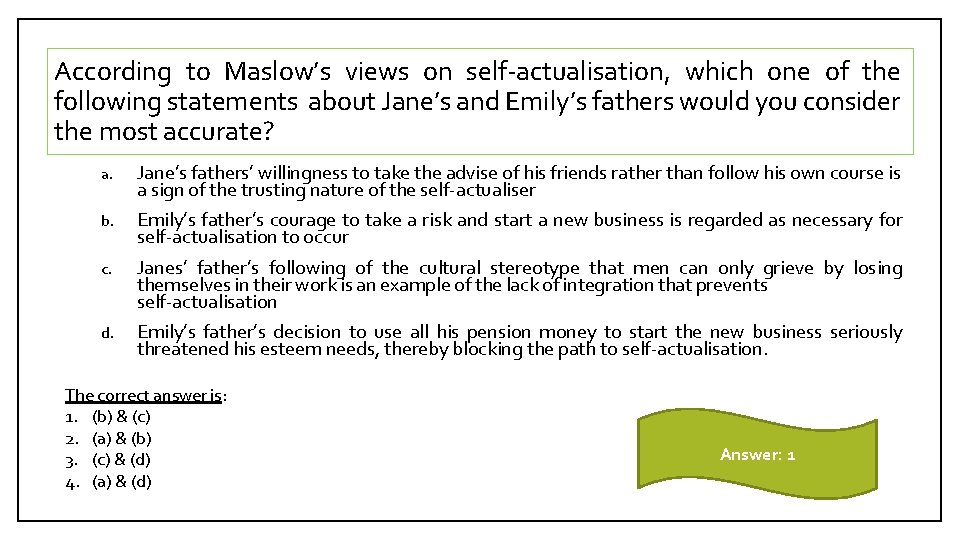 According to Maslow’s views on self-actualisation, which one of the following statements about Jane’s