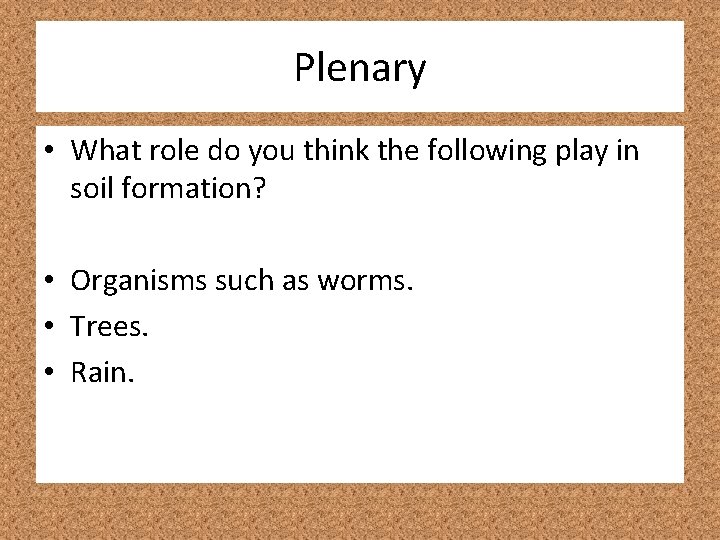 Plenary • What role do you think the following play in soil formation? • Plenary • What role do you think the following play in soil formation? •