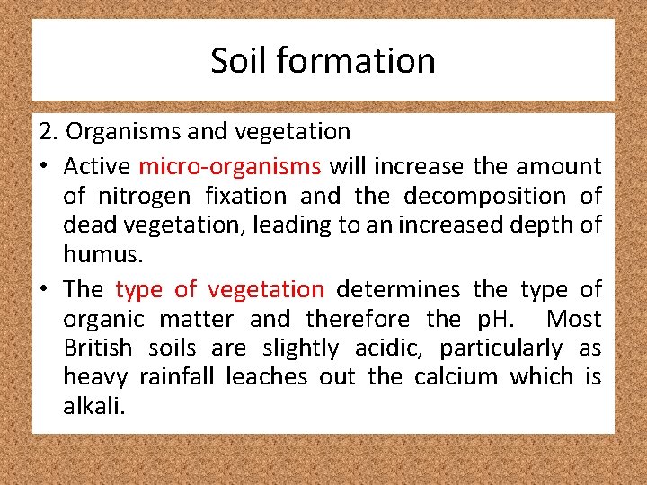 Soil formation 2. Organisms and vegetation • Active micro-organisms will increase the amount of