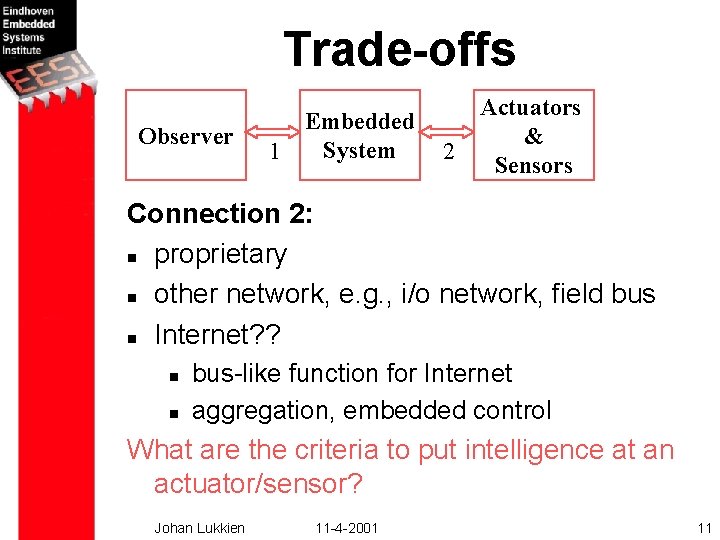 Trade-offs Observer Embedded System 1 2 Actuators & Sensors Connection 2: n proprietary n