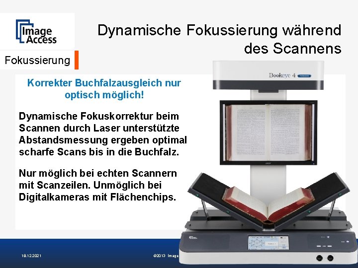 Fokussierung Dynamische Fokussierung während des Scannens Korrekter Buchfalzausgleich nur optisch möglich! Dynamische Fokuskorrektur beim