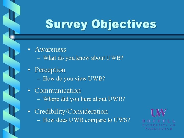 Survey Objectives • Awareness – What do you know about UWB? • Perception –