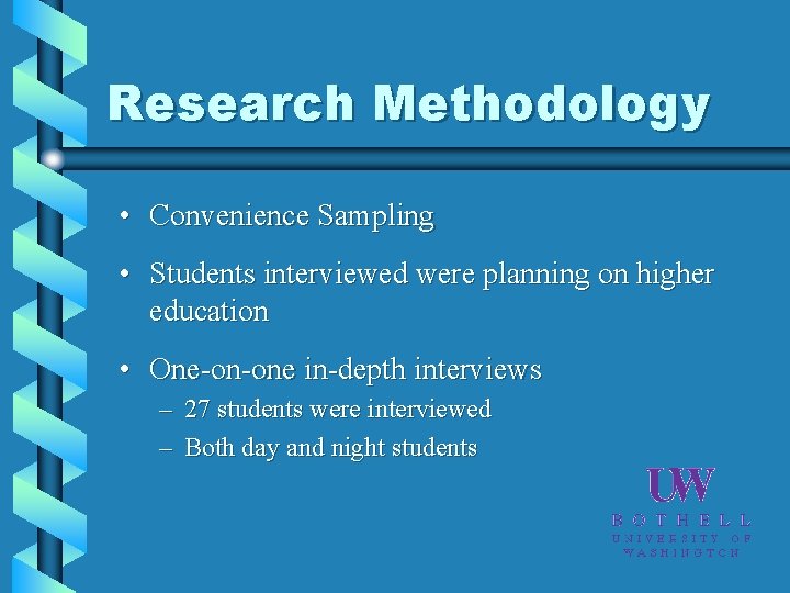 Research Methodology • Convenience Sampling • Students interviewed were planning on higher education •