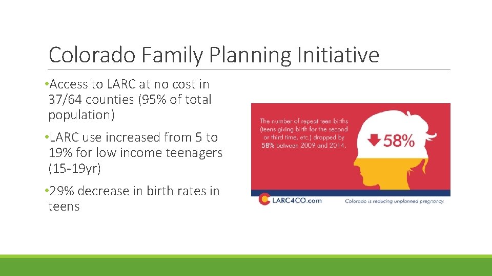 Colorado Family Planning Initiative • Access to LARC at no cost in 37/64 counties
