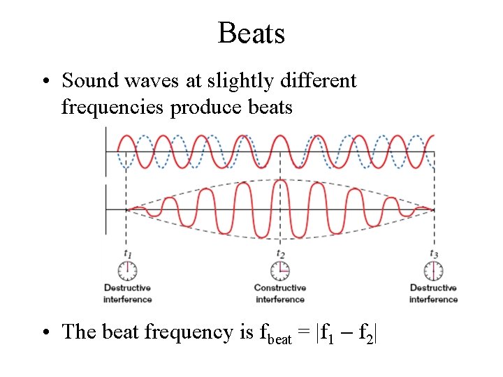 Beats • Sound waves at slightly different frequencies produce beats • The beat frequency