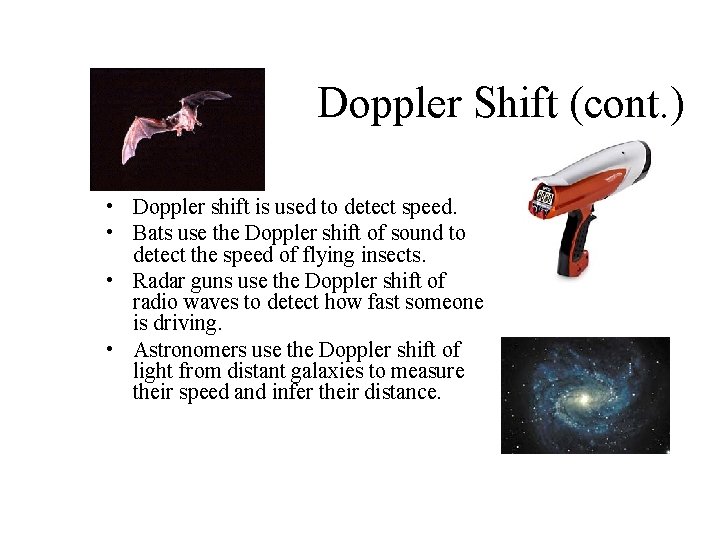 Doppler Shift (cont. ) • Doppler shift is used to detect speed. • Bats