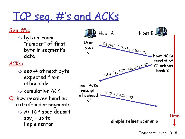 TCP seq. #’s and ACKs Seq. #’s: m byte stream “number” of first byte