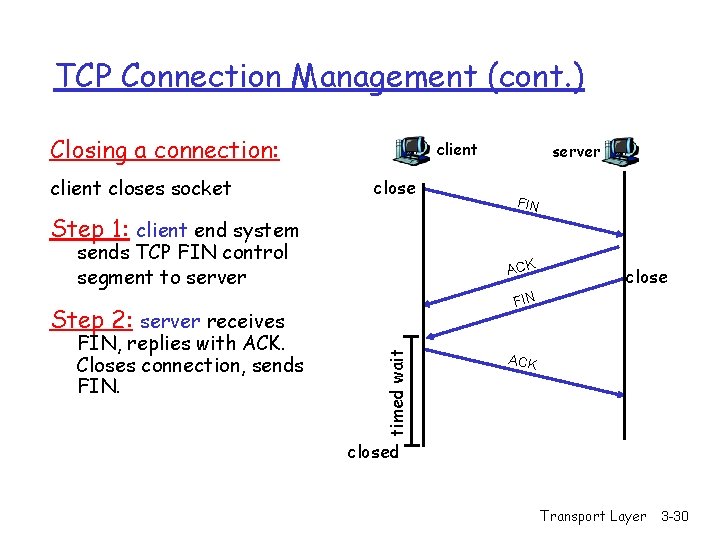 TCP Connection Management (cont. ) Closing a connection: client closes socket client close Step