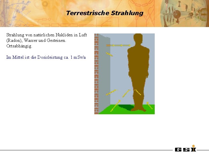 Terrestrische Strahlung von natürlichen Nukliden in Luft (Radon), Wasser und Gesteinen. Ortsabhängig. Im Mittel