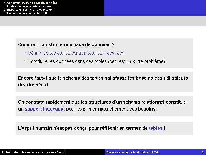 1. Construction d'une base de données 2. Modèle Entité-association de base 3. Elaboration d'un