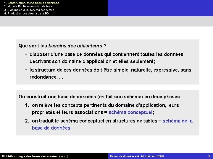 1. Construction d'une base de données 2. Modèle Entité-association de base 3. Elaboration d'un