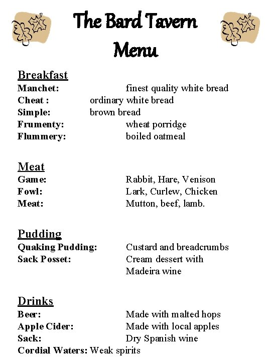 The Bard Tavern Menu Breakfast Manchet: Cheat : Simple: Frumenty: Flummery: finest quality white The Bard Tavern Menu Breakfast Manchet: Cheat : Simple: Frumenty: Flummery: finest quality white