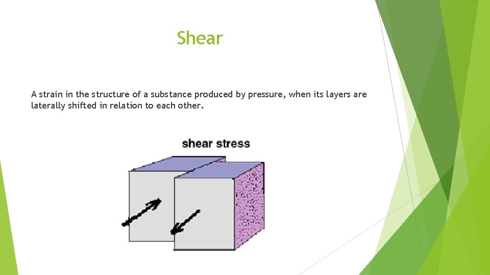 Shear A strain in the structure of a substance produced by pressure, when its