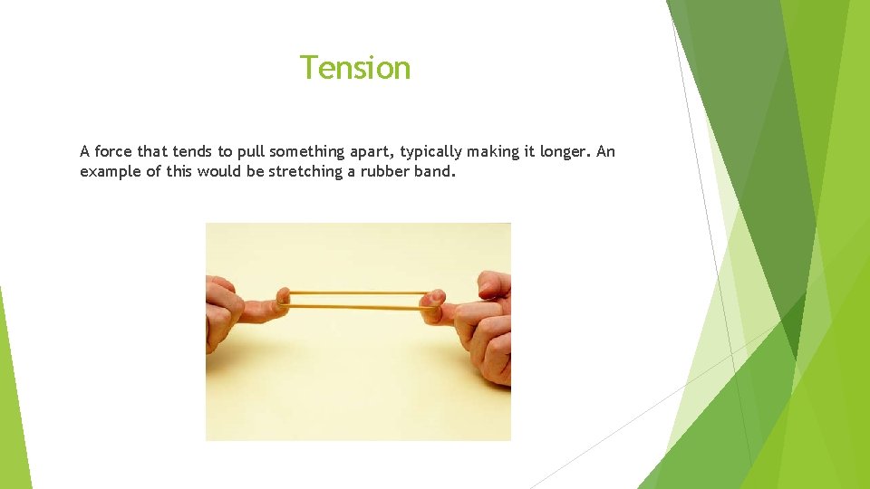 Tension A force that tends to pull something apart, typically making it longer. An