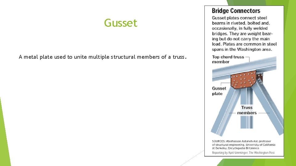Gusset A metal plate used to unite multiple structural members of a truss. 