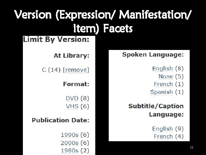 Version (Expression/ Manifestation/ Item) Facets 11 