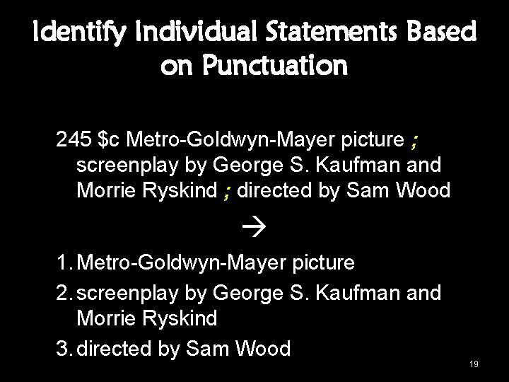 Identify Individual Statements Based on Punctuation 245 $c Metro-Goldwyn-Mayer picture ; screenplay by George