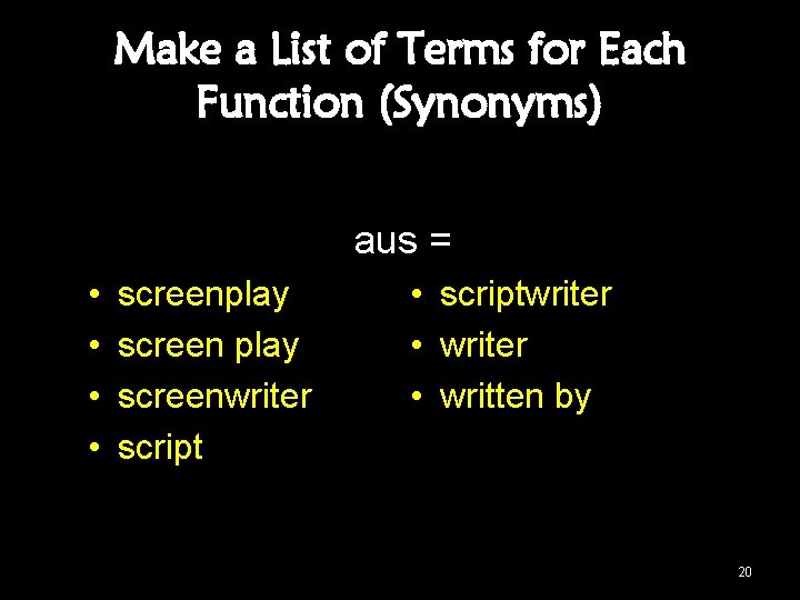 Make a List of Terms for Each Function (Synonyms) aus = • • screenplay