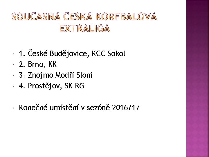  1. 2. 3. 4. Konečné umístění v sezóně 2016/17 České Budějovice, KCC Sokol