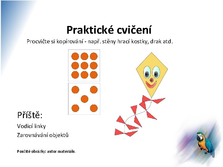 Praktické cvičení Procvičte si kopírování - např. stěny hrací kostky, drak atd. Příště: Vodicí