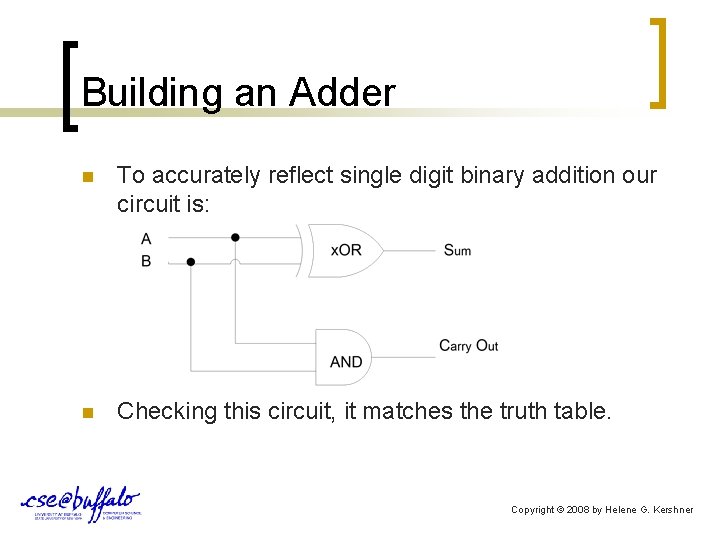 Building an Adder n To accurately reflect single digit binary addition our circuit is: