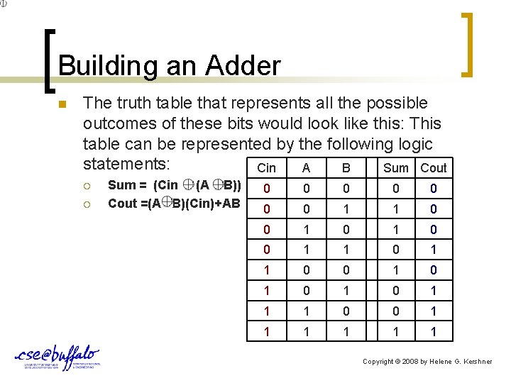 Building an Adder n The truth table that represents all the possible outcomes of