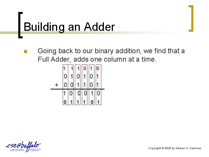 Building an Adder n Going back to our binary addition, we find that a