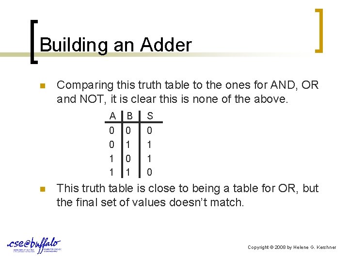 Building an Adder n Comparing this truth table to the ones for AND, OR