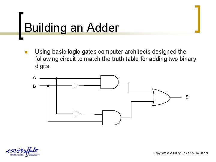 Building an Adder n Using basic logic gates computer architects designed the following circuit