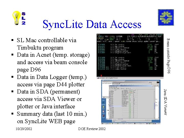 Sync. Lite Data Access DOE Review 2002 Java SDA Viewer 10/29/2002 Beam console Page