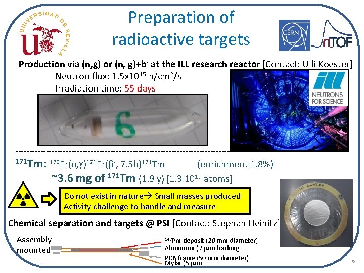 Preparation of radioactive targets Production via (n, g) or (n, g)+b- at the ILL