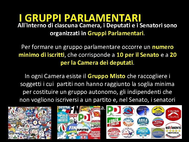 IAll'interno GRUPPI PARLAMENTARI di ciascuna Camera, i Deputati e i Senatori sono organizzati in