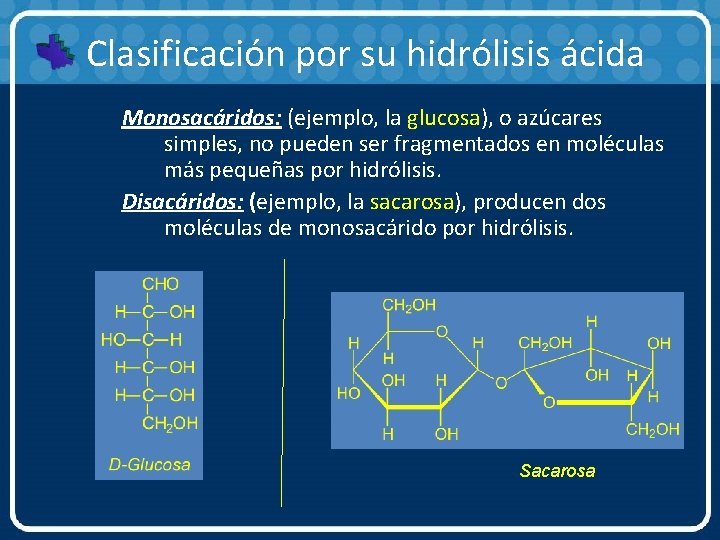 Clasificación por su hidrólisis ácida Monosacáridos: (ejemplo, la glucosa), o azúcares simples, no pueden